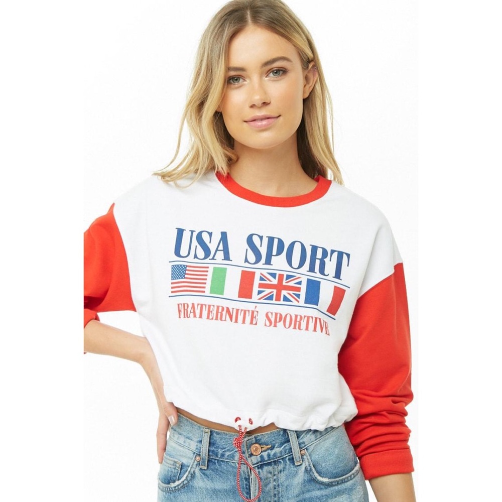 Forever 21 USA Sport Graphic Drawstring-Hem Top